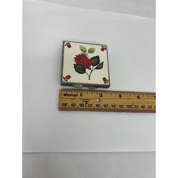 Vintage Square Double Mirror Compact w/Painted Porcelain Roses on Cover - Picture 3 of 5